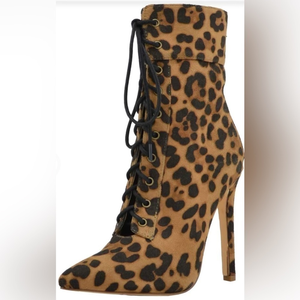 Olivia Jaymes Pointed Toe Cheetah Lace Up High Heel Stiletto Ankle Boot Size 9M